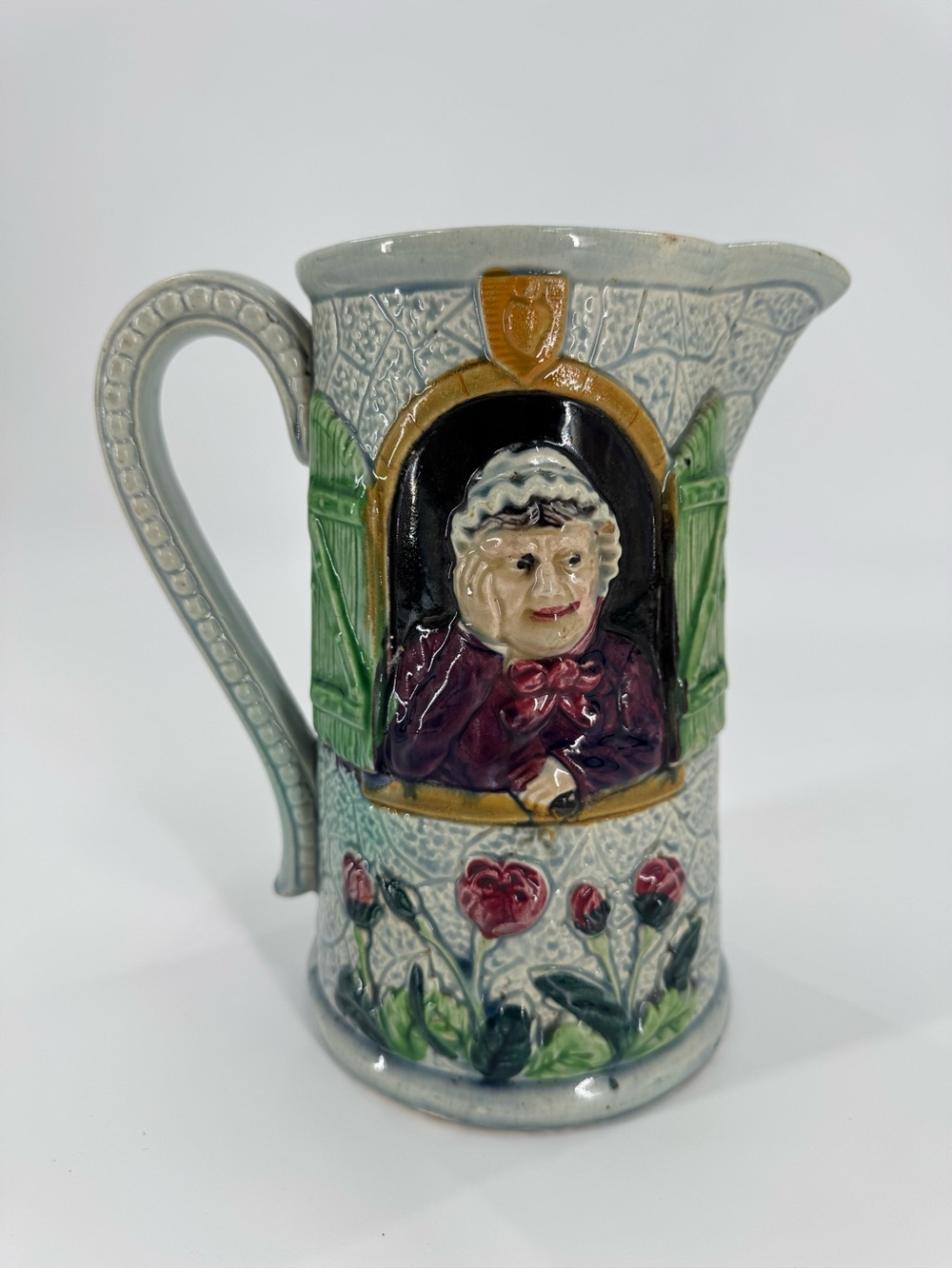 Majolica Figural Pitcher Man & Woman in Windows Green Shutters Roses Gray Jug